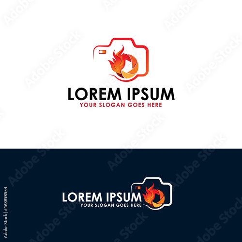 Fire photography logo design template. Ignite  camera icon. burn camera template. hot camera design. lens fire vector. modern camera with fire icon. Flaming camera business logo