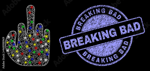 Glossy polygonal mesh web asshole finger icon with glitter effect on a black background, and Breaking Bad grunge seal print. Illuminated vector mesh created from asshole finger symbol,