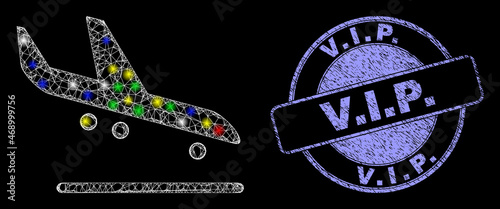 Glossy polygonal mesh web airplane arrival icon with glow effect on a black background with V.I.P. rubber stamp seal. Illuminated vector mesh created from airplane arrival icon,