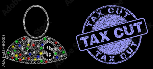 Glossy polygonal mesh net banker icon with glow effect on a black background, and Tax Cut corroded stamp seal. Illuminated vector structure created from banker icon,