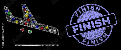 Glossy polygonal mesh web airplane landing icon with glare effect on a black background with Finish grunge seal imitation. Illuminated vector model created from airplane landing icon,