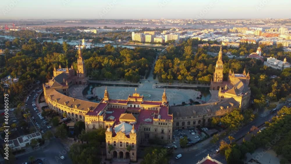 Flying around Plaza de Espana at sunrise, Seville, Spain, UHD, 4K Flying around Plaza de Espana at sunrise, Seville, Spain, UHD, 4K