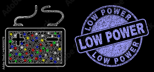 Glossy polygonal mesh web accumulator battery icon with glitter effect on a black background with Low Power scratched seal. Illuminated vector mesh created from accumulator battery icon,