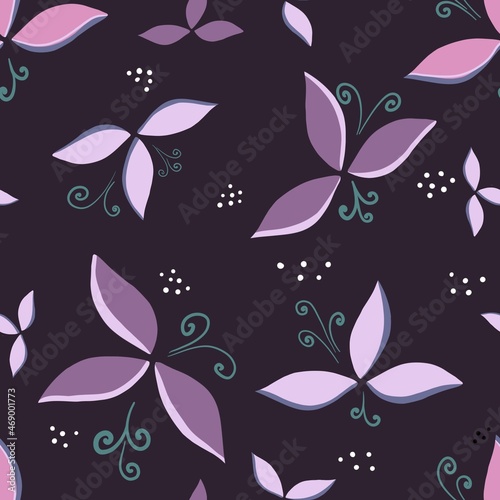 Seamless pattern with plant elements on a dark background.Design for clothing fabric and other items.