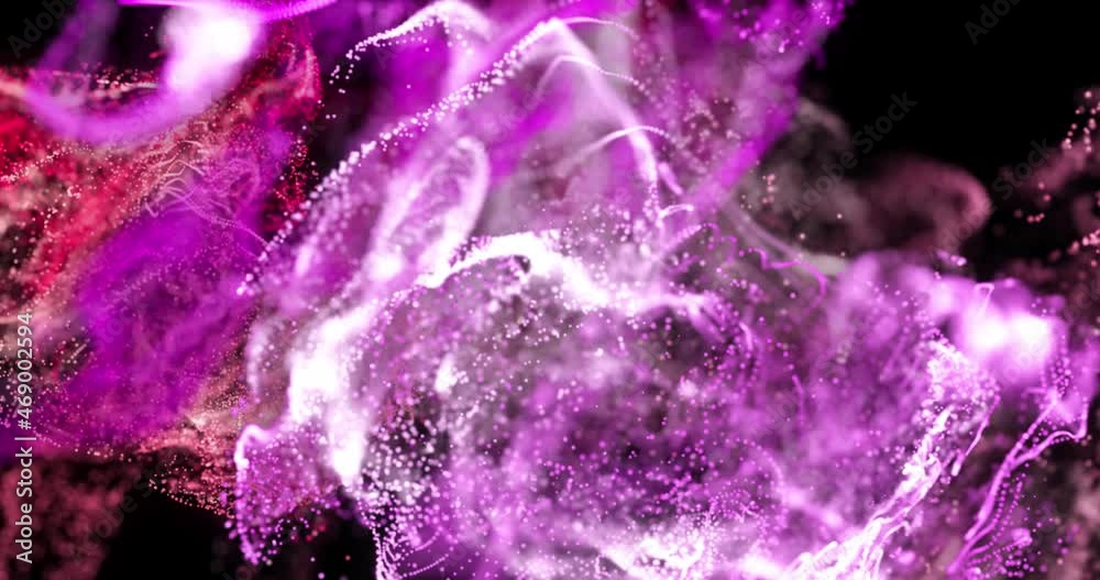 Animation of pink and red particle clouds moving on black background