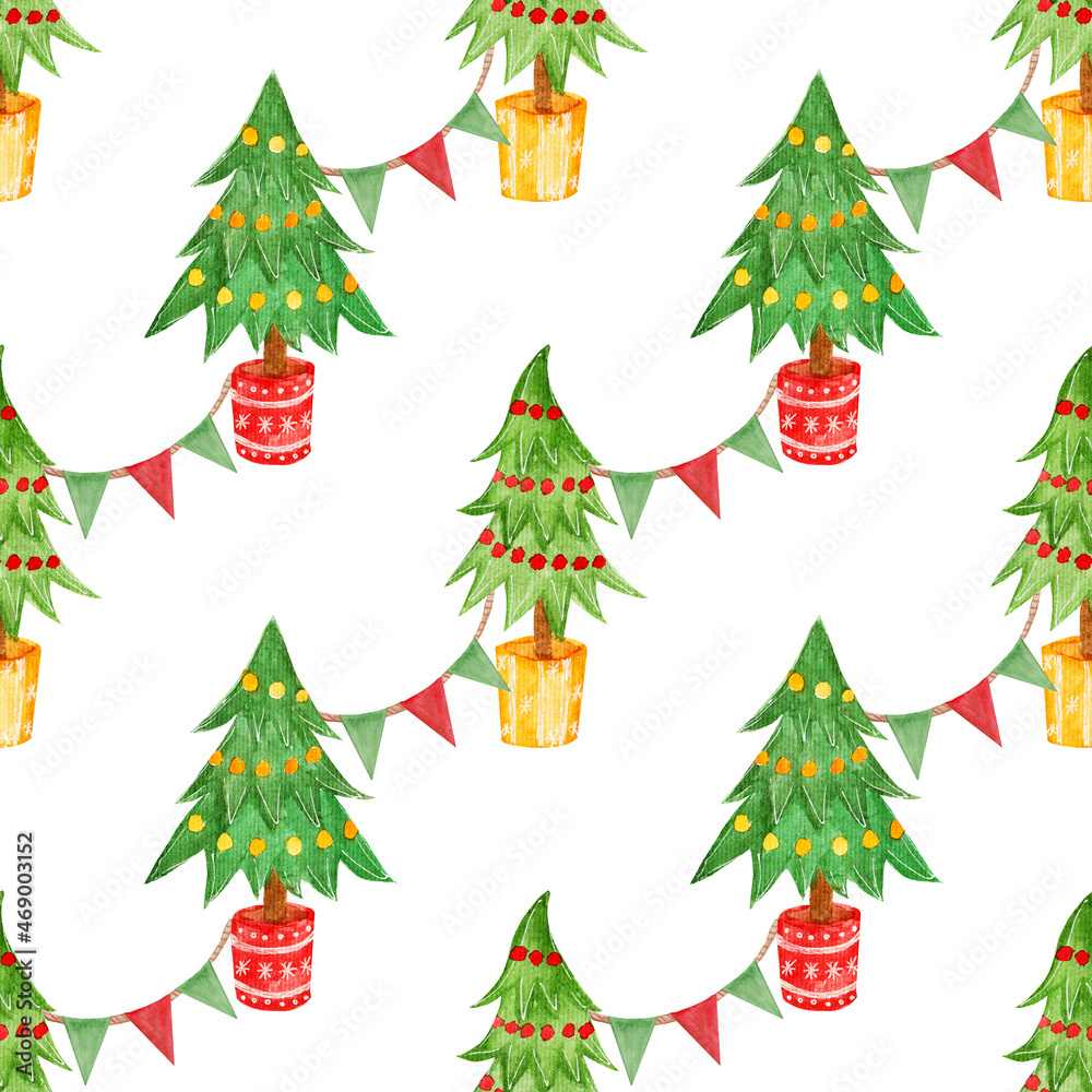 Colorful watercolor seamless pattern, holiday elements, Christmas trees and garlands on a white background.