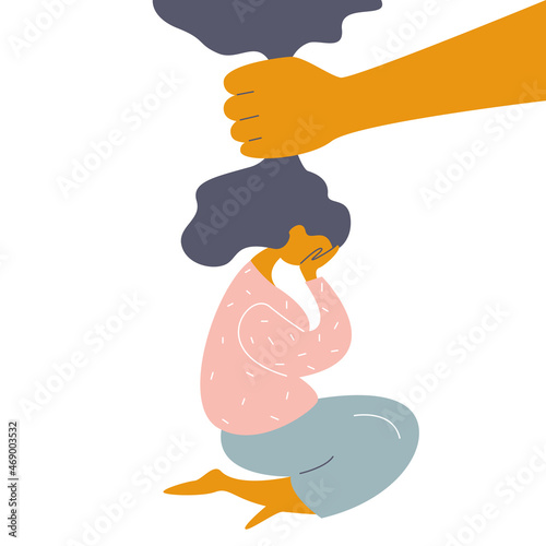 Abusive toxic attitude concept. A man's hand holds the girl by the hair. The girl is depressed. Vector stock illustration. 