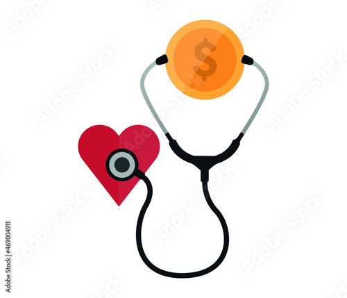 health insurance concept. medical expenses or treatment fees. money, heart and stethoscope icon. editable vector
