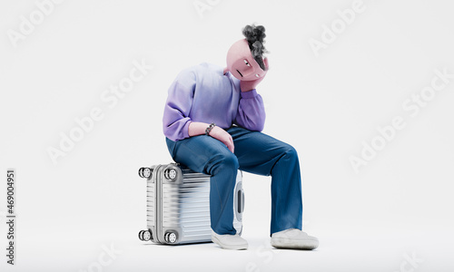 Awesome Travor sitting upset on a traveler's suitcase. Highly detailed fashionable stylish abstract character isolated on white background. Right view. 3d rendering. photo