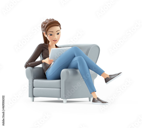 Fototapeta Naklejka Na Ścianę i Meble -  3d cartoon woman sitting in armchair with tablet