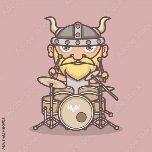 funny cartoon viking playing drums. vector illustration for mascot logo or sticker