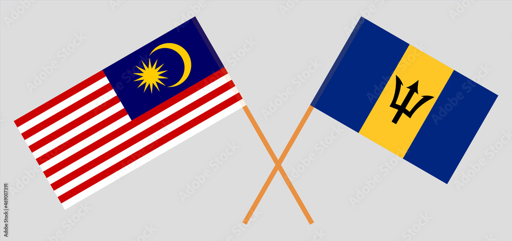 Crossed flags of Malaysia and Barbados. Official colors. Correct proportion Crossed flags of Malaysia and Barbados. Official colors. Correct proportion