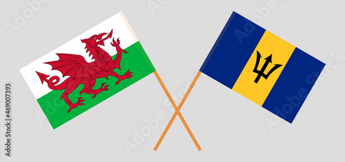 Crossed flags of Wales and Barbados. Official colors. Correct proportion