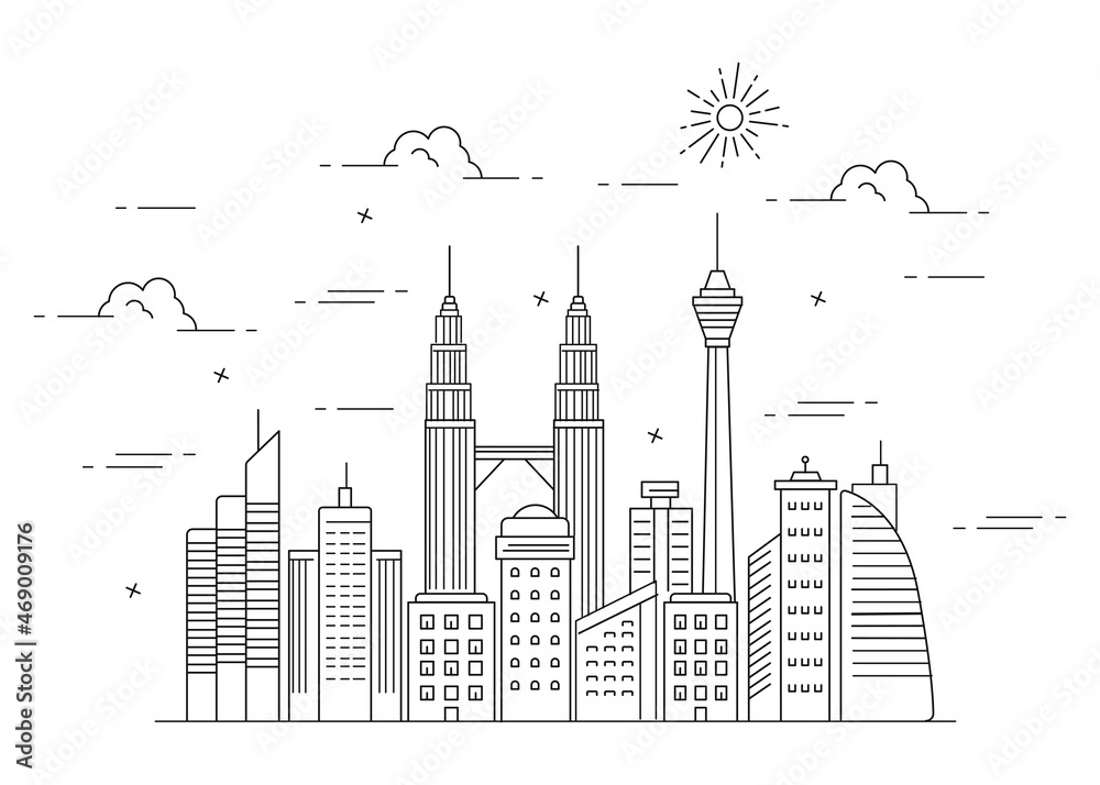Naklejka premium Illustration city line or building in kuala lumpur. Twin skyscrapers in malaysia