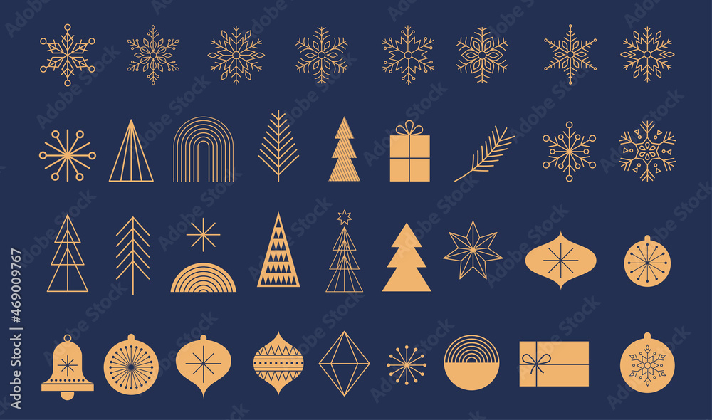 Simple Christmas background, golden geometric minimalist elements and icons. Happy new year banner. Xmas tree, snowflakes, decorations elements. Retro clean concept design