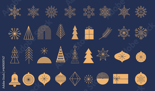 Simple Christmas background, golden geometric minimalist elements and icons. Happy new year banner. Xmas tree, snowflakes, decorations elements. Retro clean concept design