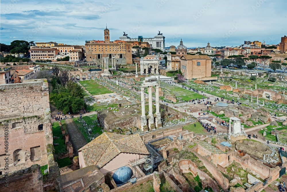 The Roman Forum or Foro Romano is a rectangular forum (plaza) surrounded by the ruins of several ancient Roman Empire government buildings. The Senate House, government offices, tribunals, temples, an