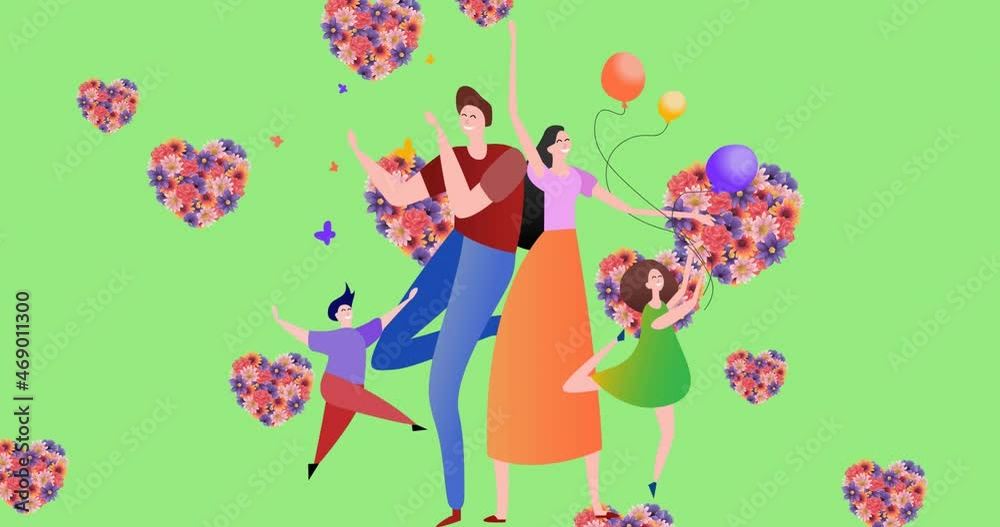Animation of illustration of happy family dancing with balloons and floral hearts, on green Animation of illustration of happy family dancing with balloons and floral hearts, on green