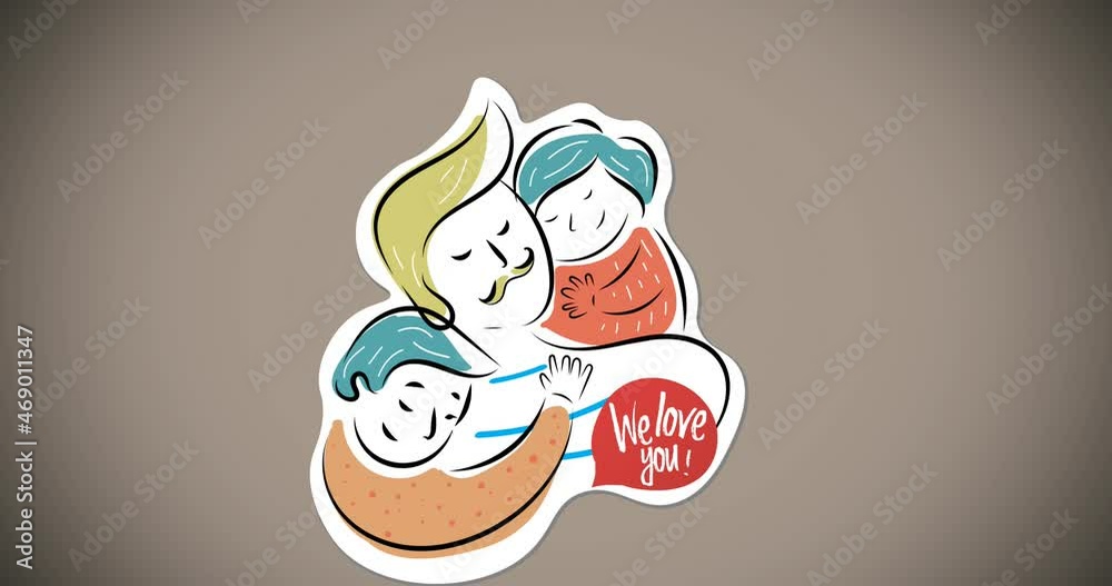 Animation of illustration of we love you text, over smiling son and daughter hugging father, on grey Animation of illustration of we love you text, over smiling son and daughter hugging father, on grey