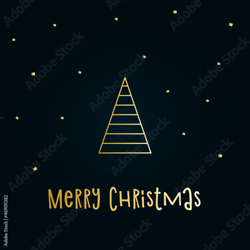 Golden silhouette of a Christmas tree with snow on a dark blue background. Merry Christmas and Happy New Year 2022. Vector illustration.