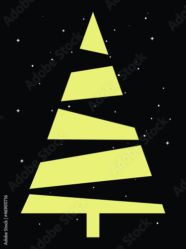 Gold Christmas tree greeting card on black background with snowflakes