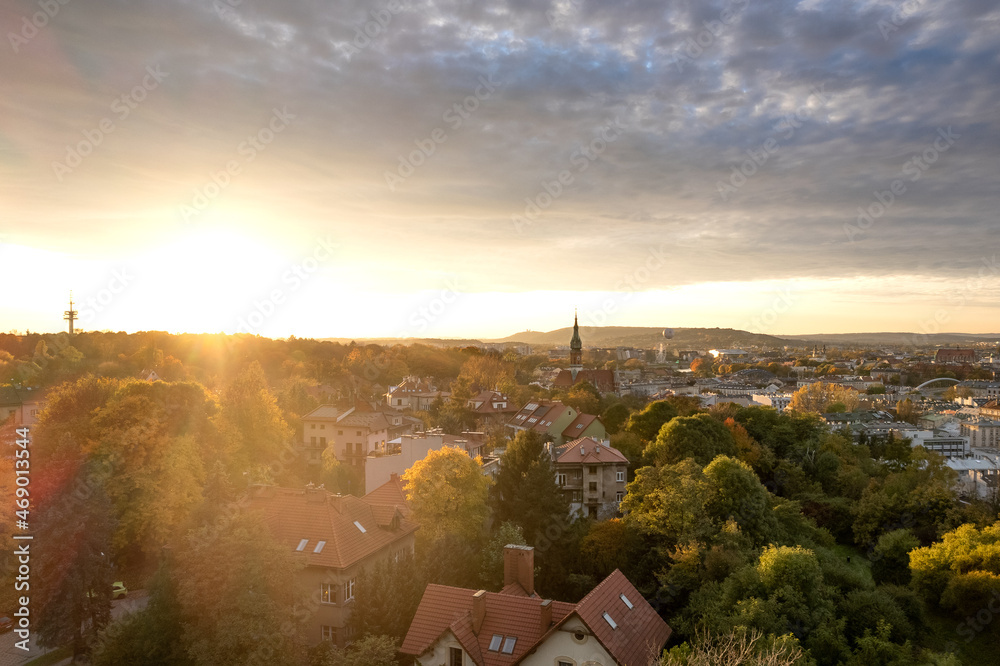 Aerial Podgorze district view with Krakow city center background