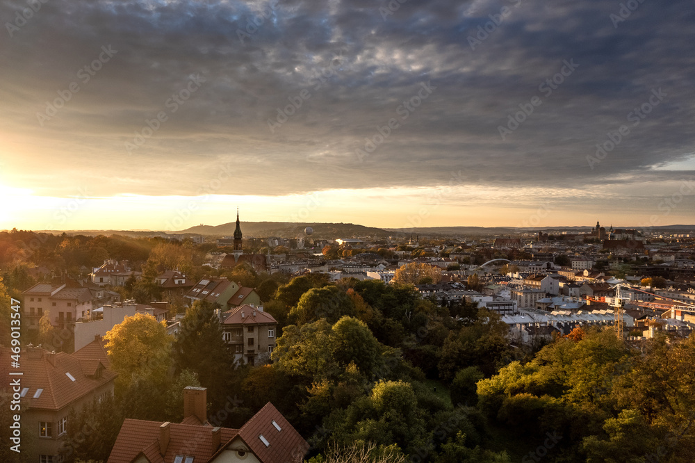 Aerial Podgorze district view with Krakow city center background