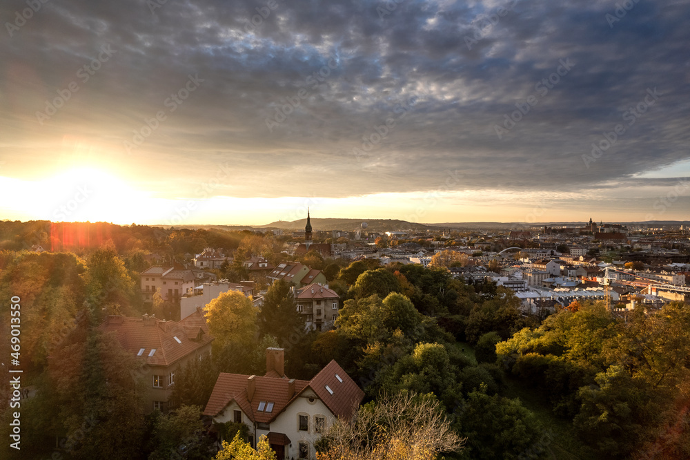 Aerial Podgorze district view with Krakow city center background