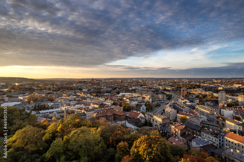 Aerial Podgorze district view with Krakow city center background