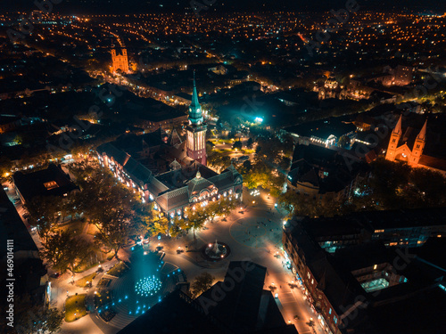 Aerial view of Subotica city's downtown area at night