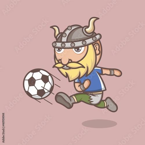 funny cartoon vikings playing soccer. vector illustration for mascot logo or sticker