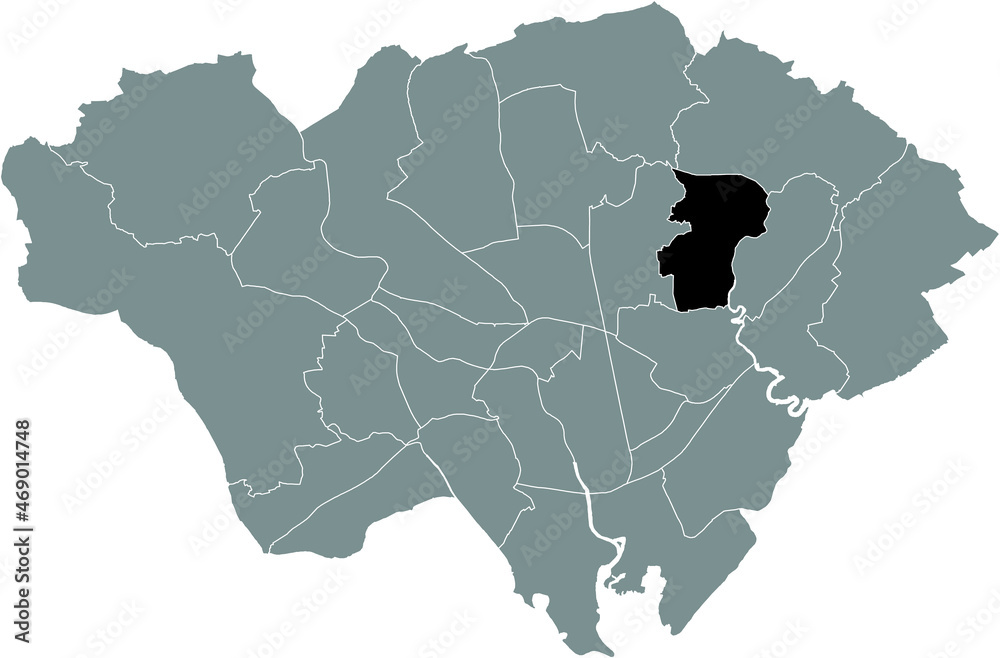 Obraz premium Black location map of the Pentwyn electoral ward inside gray urban districts map of the Welsh capital city of Cardiff, United Kingdom