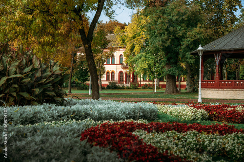 Amazing colorful garden in Palic with old historical building in the background