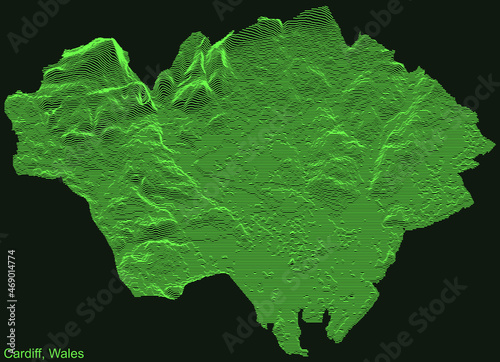 Topographic emerald relief map of the city of Cardiff, United Kingdom with white contour lines on dark green background