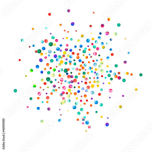 Watercolor confetti on white background. Actual rainbow colored dots. Happy celebration square colorful bright card. Modern hand painted confetti.