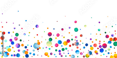 Watercolor confetti on white background. Adorable rainbow colored dots. Happy celebration wide colorful bright card. Pleasant hand painted confetti.