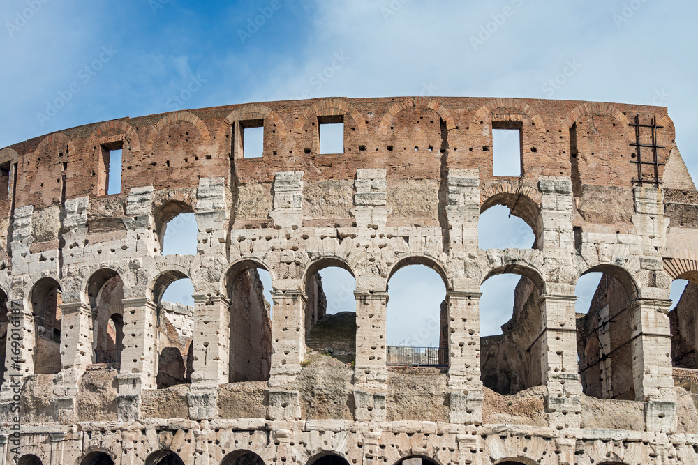 The Colosseum in Roman Forum. Construction began under the emperor Vespasian in 72 AD and was completed in 80 AD under his successor and heir Titus, an iconic symbol of Imperial Rome. Italy, 2015