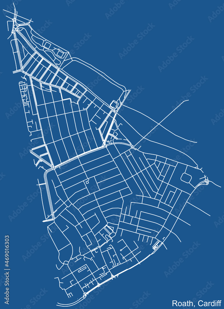 Detailed navigation urban street roads map on blue technical drawing background of the quarter Roath community of the Welsh capital city of Cardiff, United Kingdom