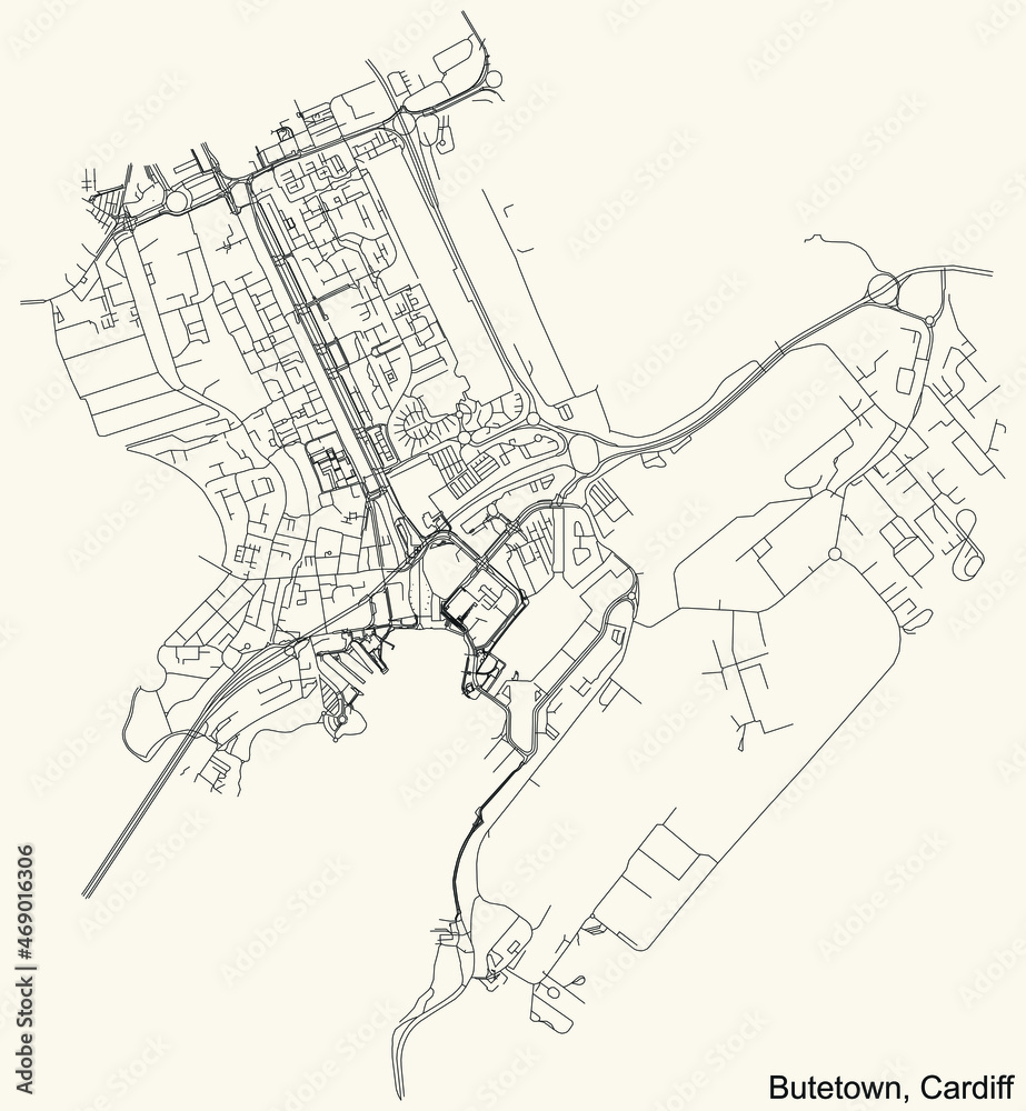 Detailed navigation urban street roads map on vintage beige background of the quarter Butetown electoral ward of the Welsh capital city of Cardiff, United Kingdom