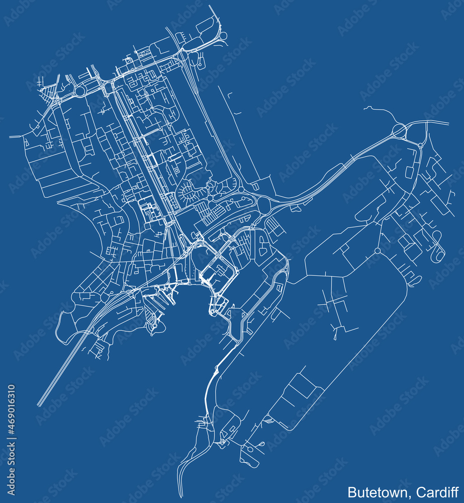 Detailed navigation urban street roads map on blue technical drawing background of the quarter Butetown electoral ward of the Welsh capital city of Cardiff, United Kingdom