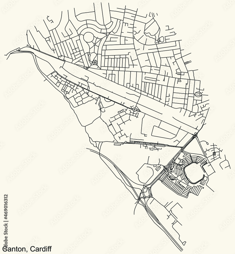 Obraz premium Detailed navigation urban street roads map on vintage beige background of the quarter Canton electoral ward of the Welsh capital city of Cardiff, United Kingdom