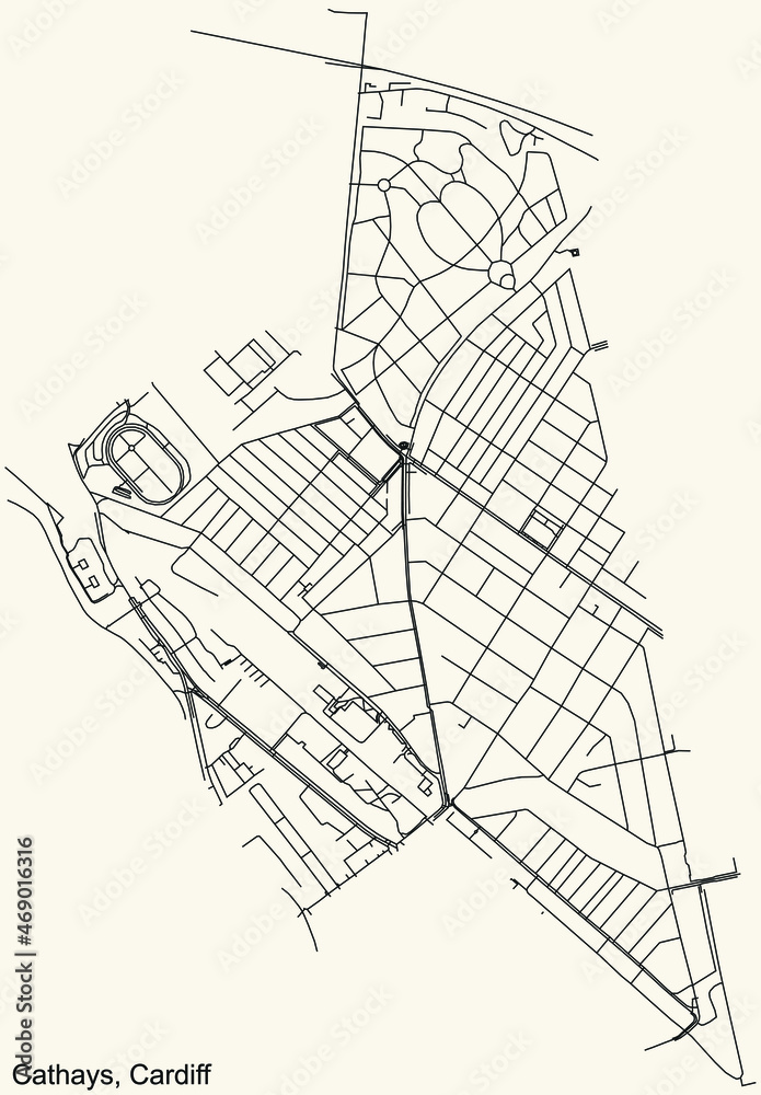 Detailed navigation urban street roads map on vintage beige background of the quarter Cathays electoral ward of the Welsh capital city of Cardiff, United Kingdom