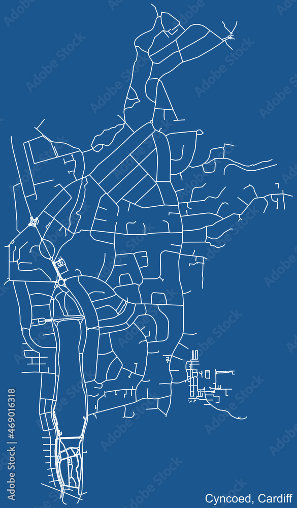 Detailed navigation urban street roads map on blue technical drawing background of the quarter Cyncoed electoral ward of the Welsh capital city of Cardiff, United Kingdom