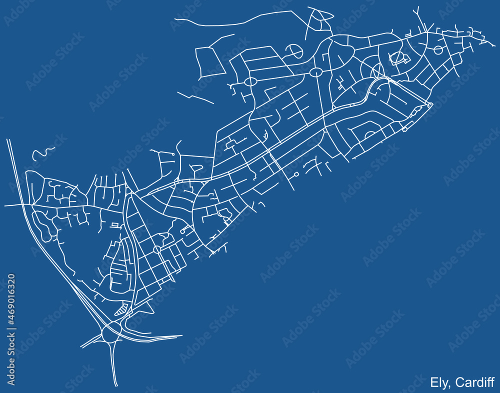 Detailed navigation urban street roads map on blue technical drawing background of the quarter Ely electoral ward of the Welsh capital city of Cardiff, United Kingdom