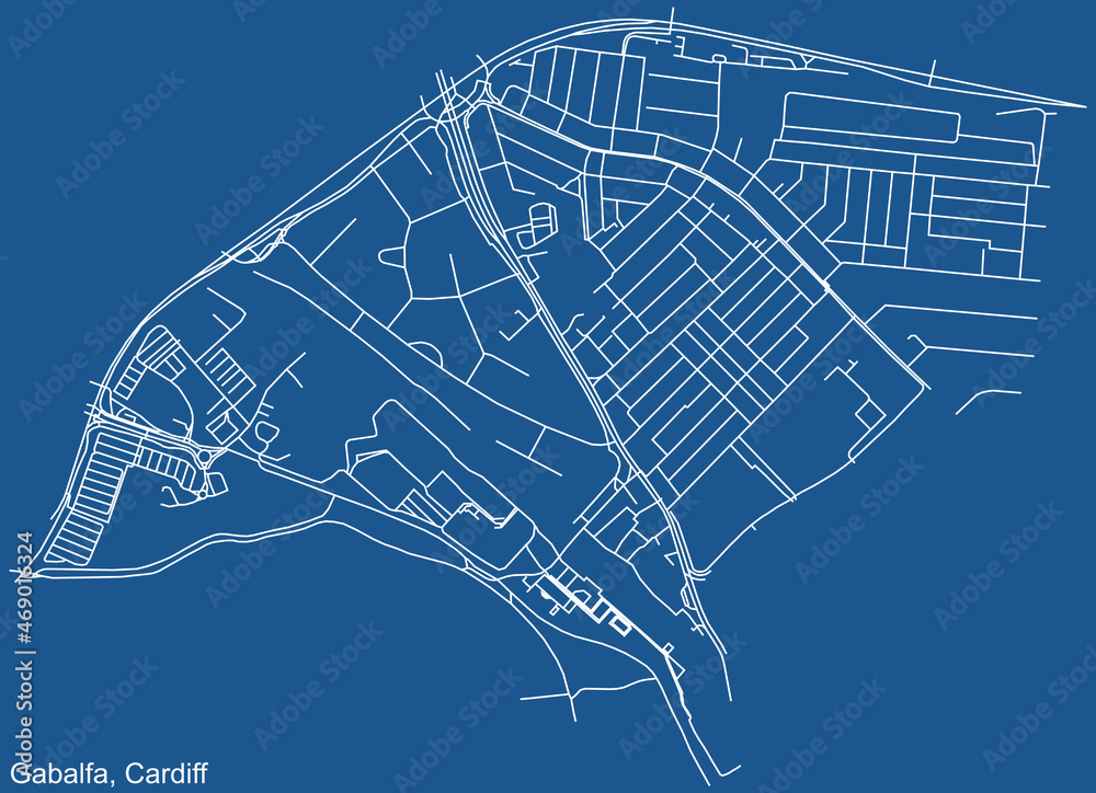 Detailed navigation urban street roads map on blue technical drawing background of the quarter Gabalfa electoral ward of the Welsh capital city of Cardiff, United Kingdom