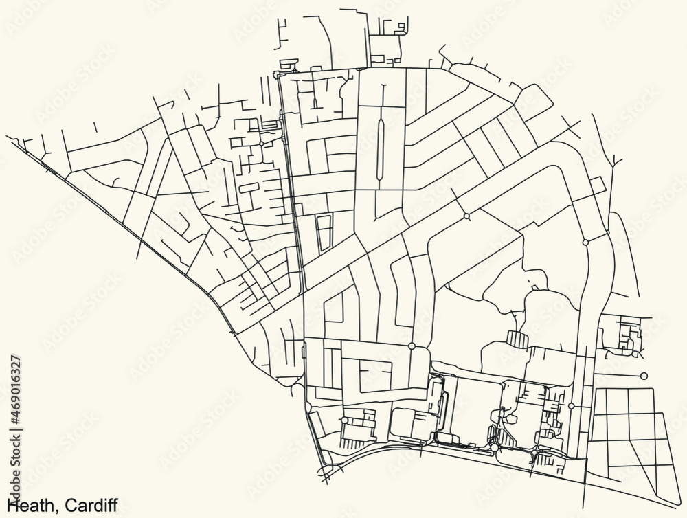 Detailed navigation urban street roads map on vintage beige background of the quarter Heath electoral ward of the Welsh capital city of Cardiff, United Kingdom