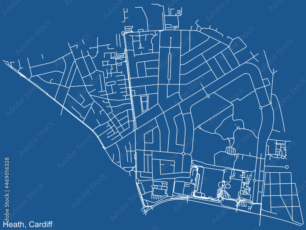 Detailed navigation urban street roads map on blue technical drawing background of the quarter Heath electoral ward of the Welsh capital city of Cardiff, United Kingdom