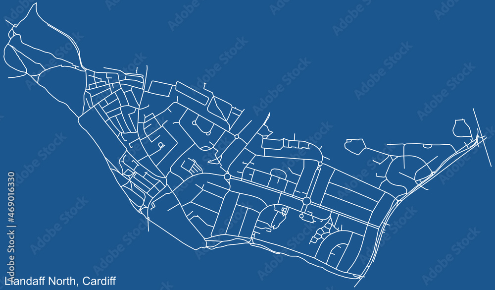 Detailed navigation urban street roads map on blue technical drawing background of the quarter Llandaff North electoral ward of the Welsh capital city of Cardiff, United Kingdom