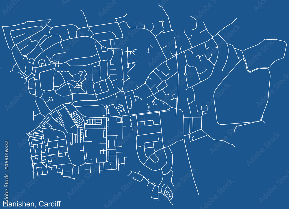 Detailed navigation urban street roads map on blue technical drawing background of the quarter Llanishen electoral ward of the Welsh capital city of Cardiff, United Kingdom