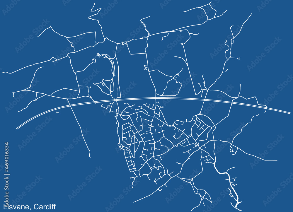 Detailed navigation urban street roads map on blue technical drawing background of the quarter Lisvane electoral ward of the Welsh capital city of Cardiff, United Kingdom